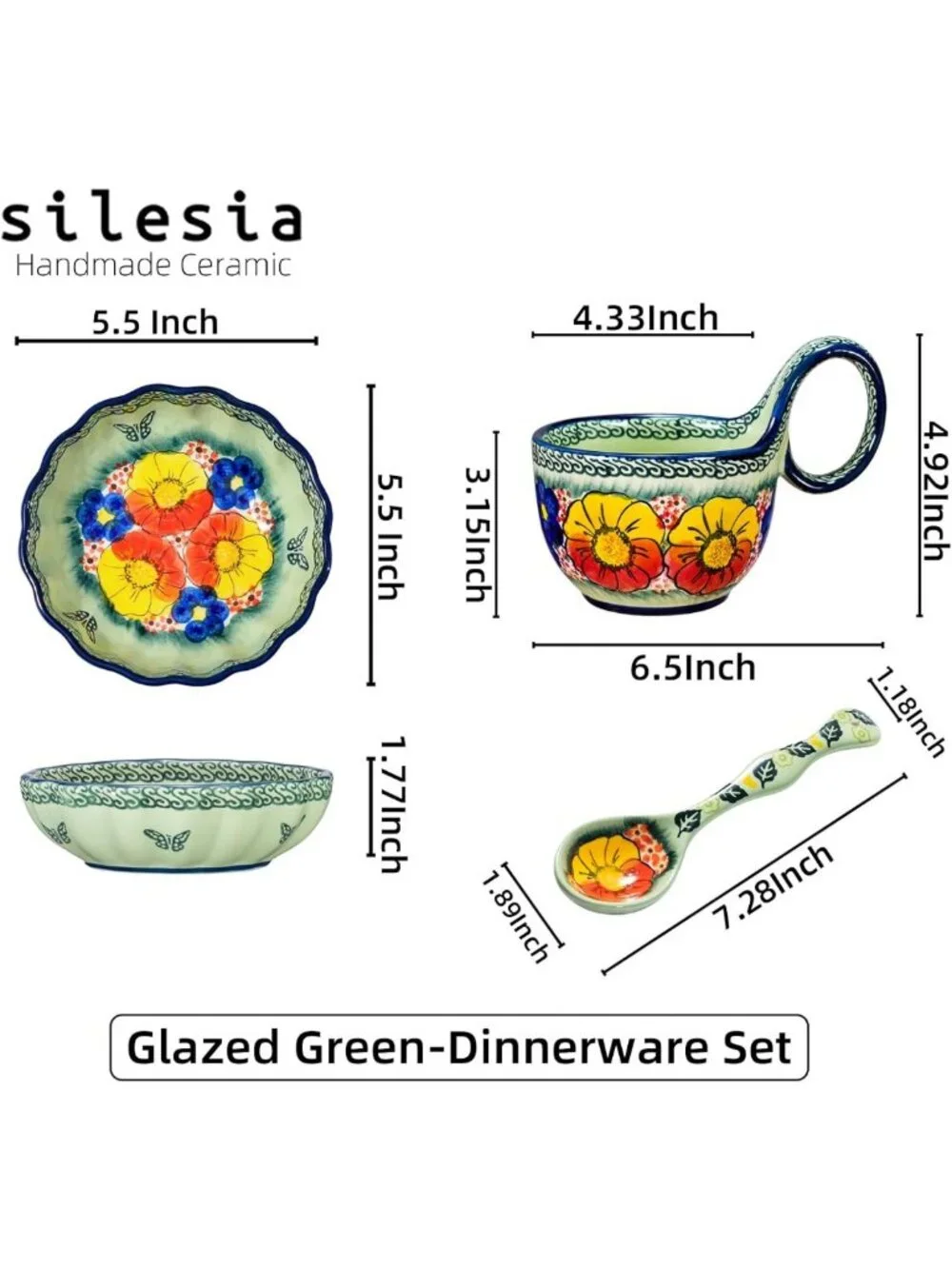 Handmade Ceramic Soup Bowl Set with Loop Handle, Spoon & Plate - Microwave Safe
